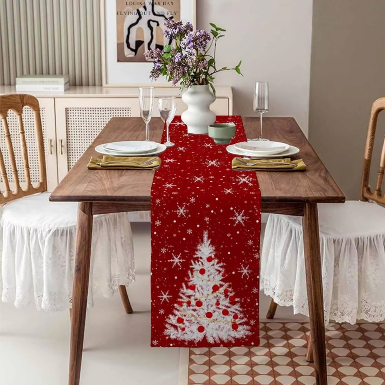 Linen Table Runner - Red Table Runner Christmas Tree Pattern
