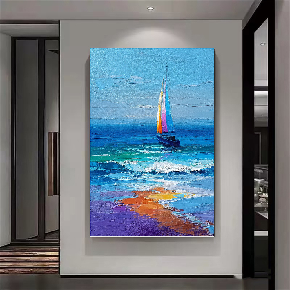 Home Decor Color Palettes - Hand-Painted Sailboat Seascape Oil Painting, Impressionist