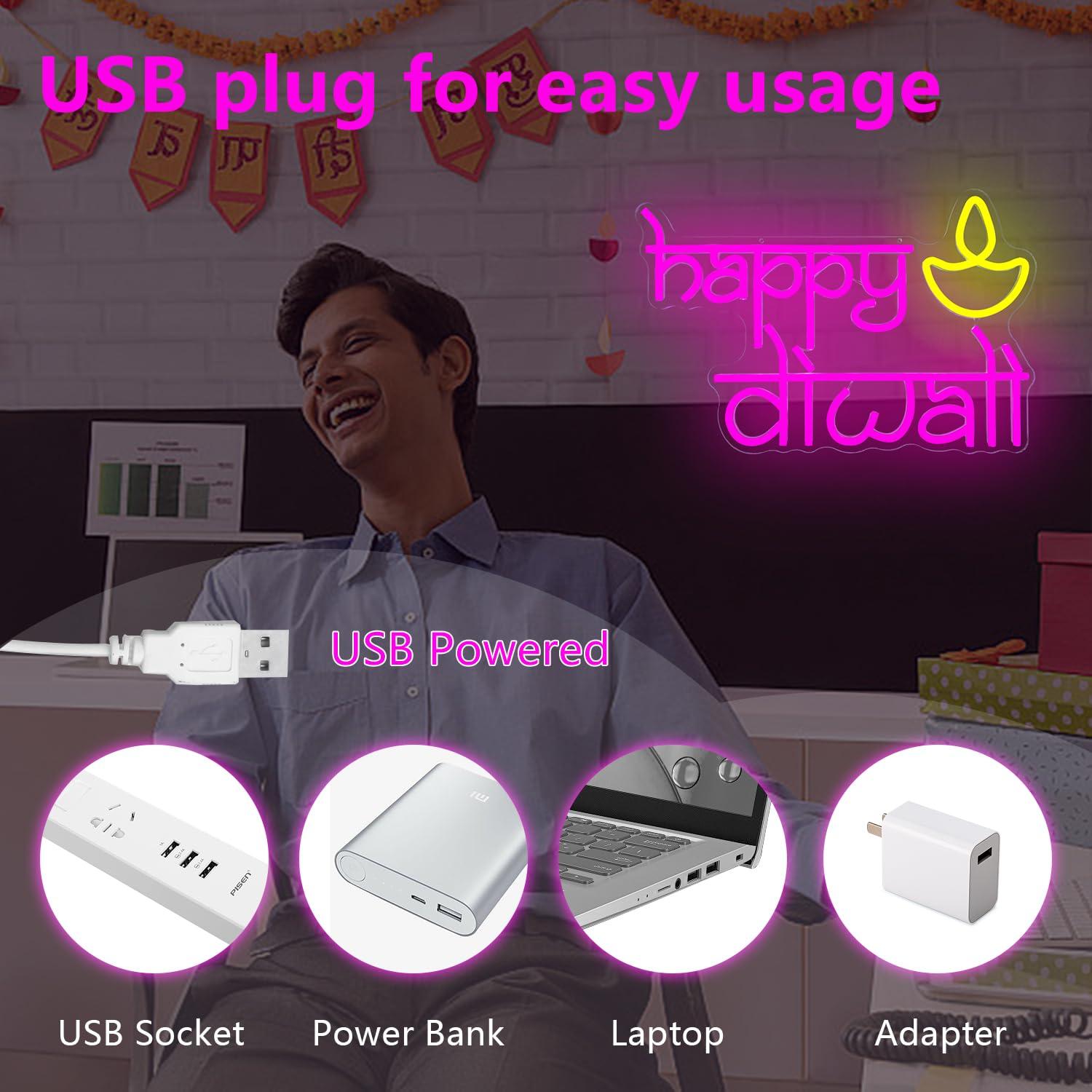 Happy Diwali Neon Sign USB Pow - Home Decor Light 评论和价格