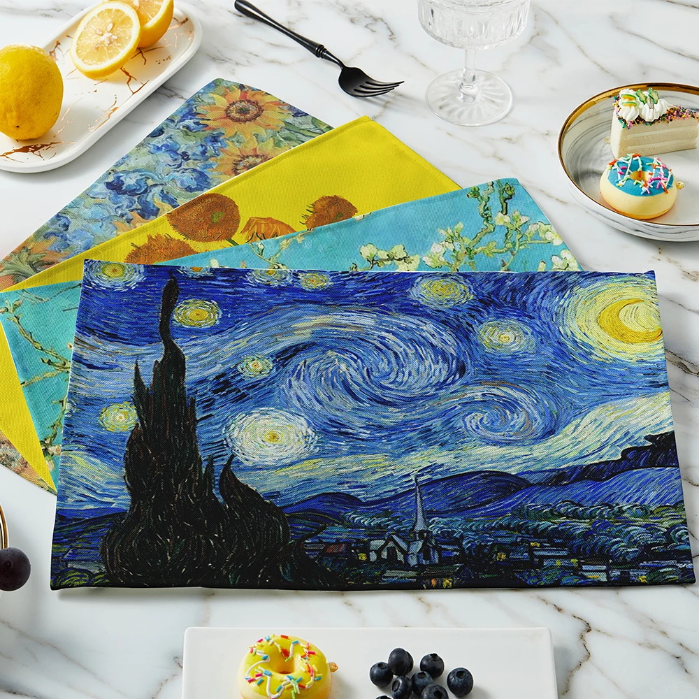 New Van Gogh Oil Painting Tabl - Linen Table Runner 评论和价格