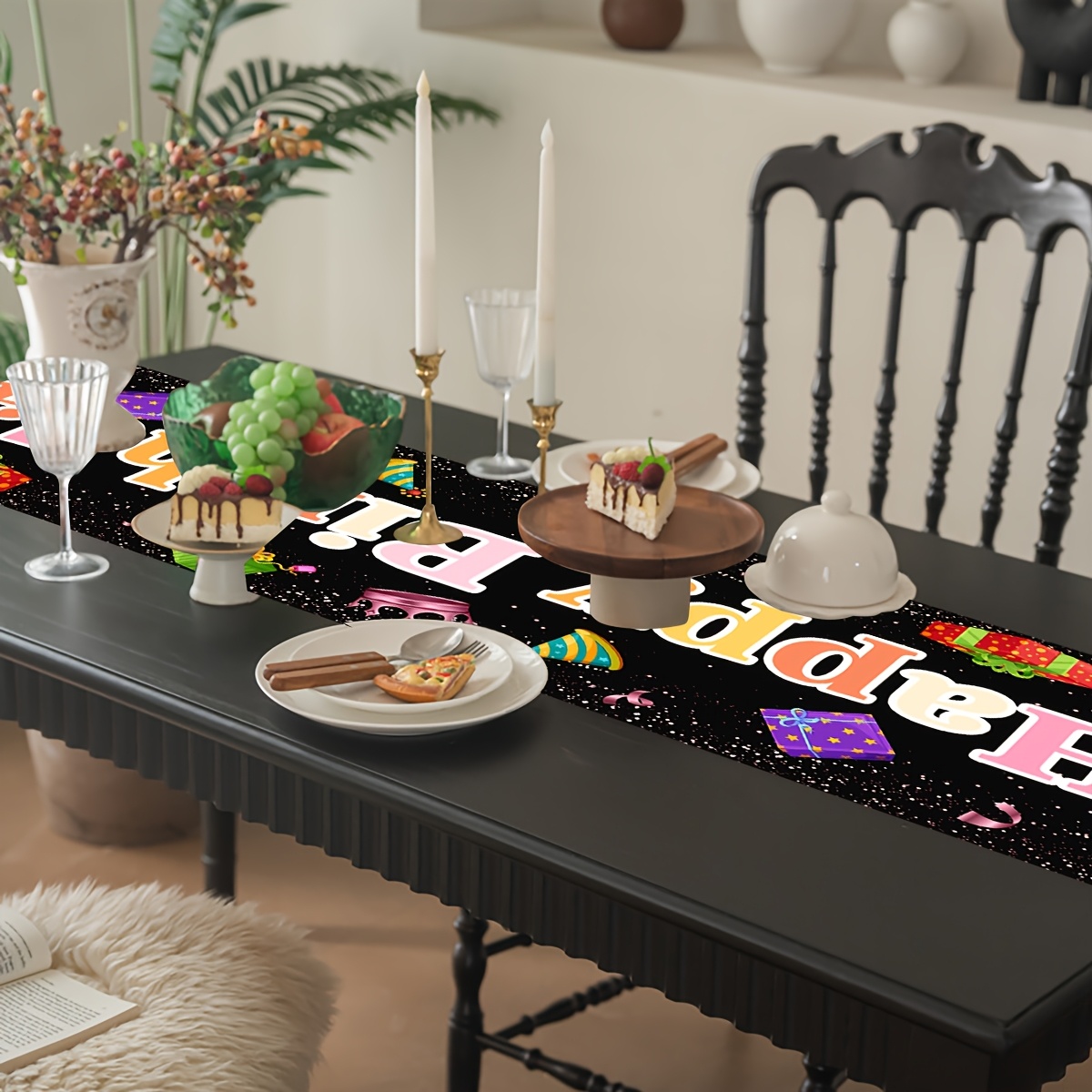 Black Happy Birthday Linen Tab - Linen Table Runner 评论和价格