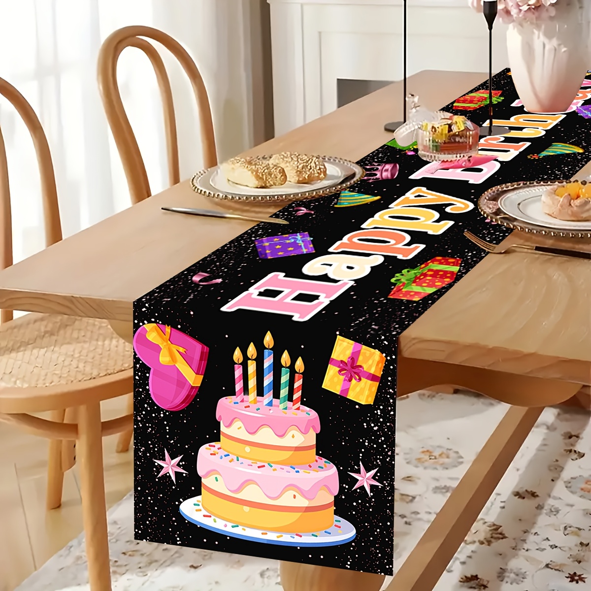 Black Happy Birthday Linen Tab - Linen Table Runner 评论和价格