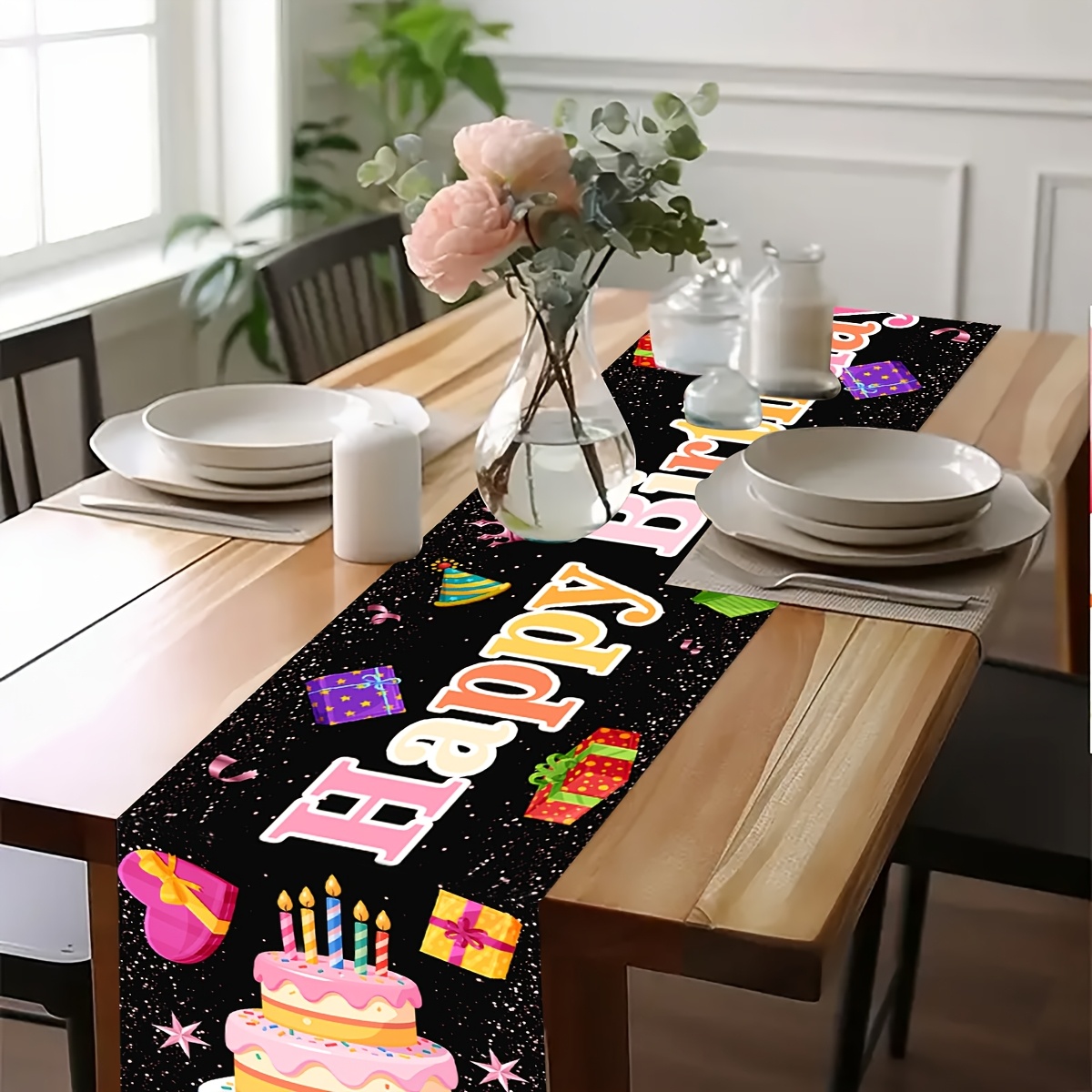 Black Happy Birthday Linen Tab - Linen Table Runner 评论和价格